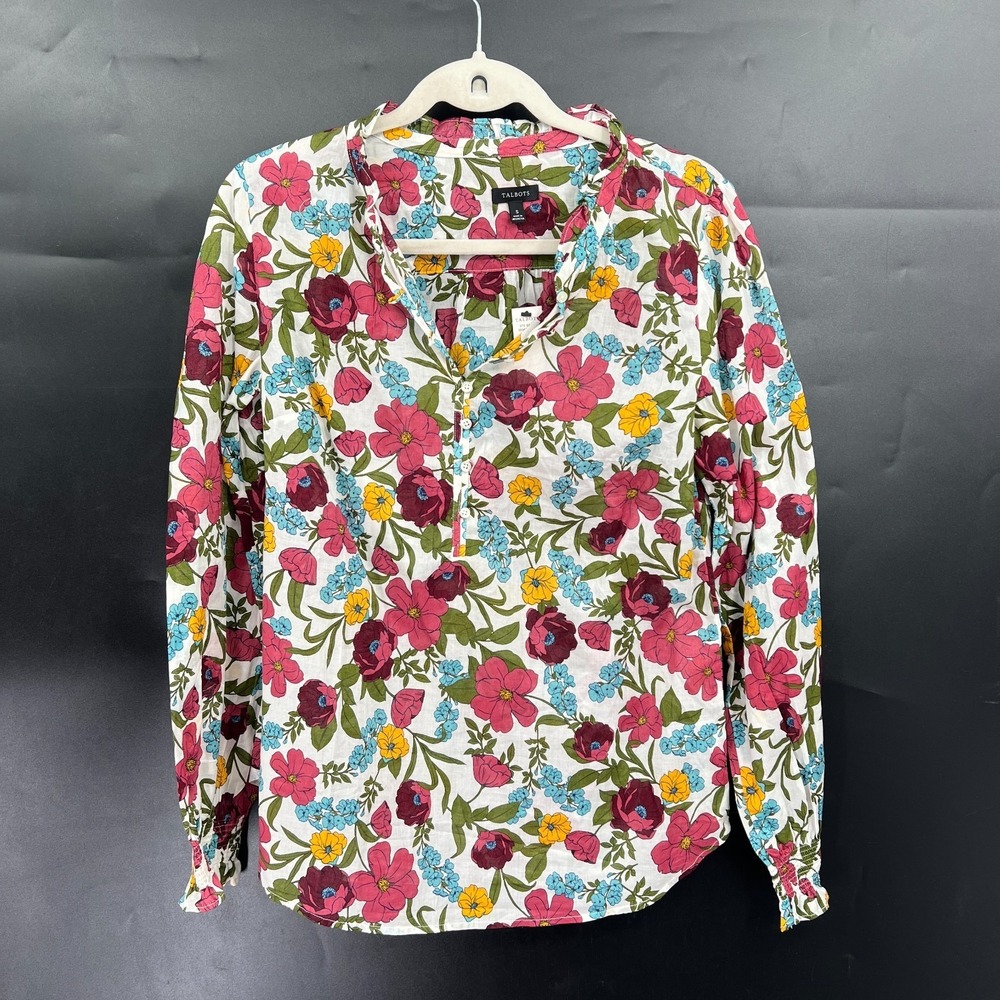 NEW Talbots ruffle neck popover glass floral top bright botanical blouse S